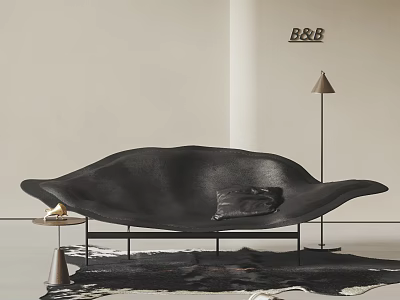 Modern Leaf Shaped Black Lounge Chair With Floor Lamp And Side Table In Minimalist Interior 3d model