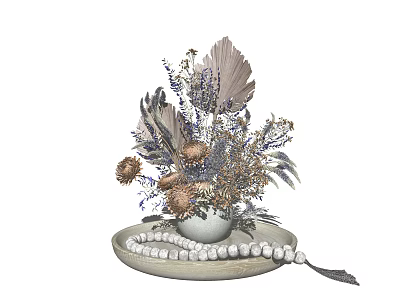 White Ceramic Vase With Dried Flowers Feather And Pearl Beads On Decorative Base 3d model