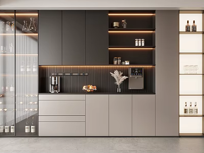 Modern Wine Cabinet Interior Design With Glass Door LED Lighting Storage Cabinets And Decorative Items 3d model