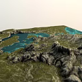 Natural Garden Landscape With Mountainous Terrain Blue Water And Lush Green Vegetation