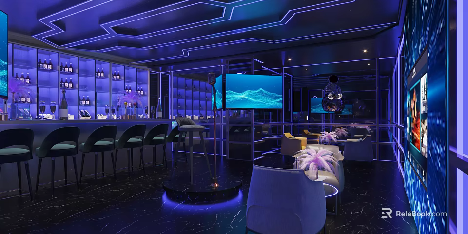 Modern KTV Interior With Neon Lights Large Screen And Comfortable Sofa Area 3d model 