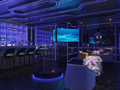 Modern KTV Interior With Neon Lights Large Screen And Comfortable Sofa Area 3d model