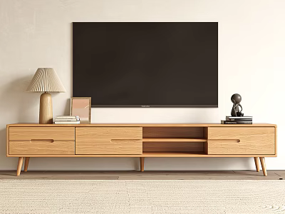 Wooden TV Stand With Flat Screen TV Above Table Lamp Books And Decorative Item 3d model