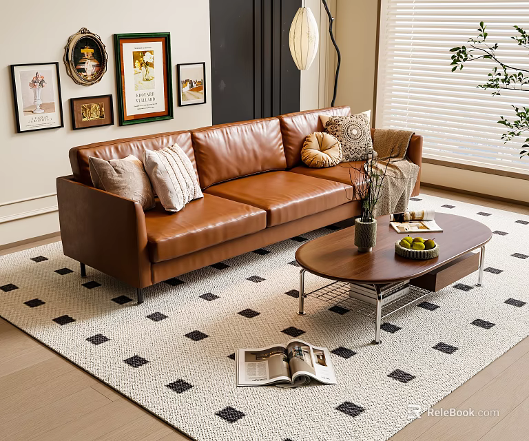 Three Seater Brown Leather Sofa With Plush Cushions Wooden Coffee Table Black White Diamond Rug Framed Wall Art 3d model 
