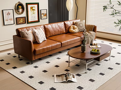 Three Seater Brown Leather Sofa With Plush Cushions Wooden Coffee Table Black White Diamond Rug Framed Wall Art 3d model