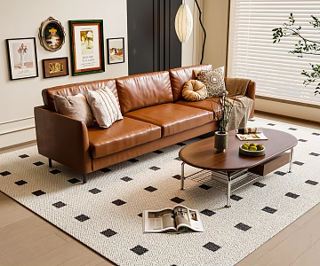French three-seat sofa leather sofa coffee table 3d model