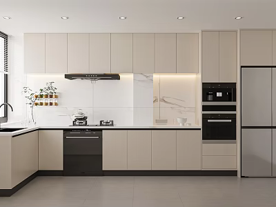 Modern Kitchen Interior With White Cabinets Black Appliances And Stainless Steel Refrigerator 3d model