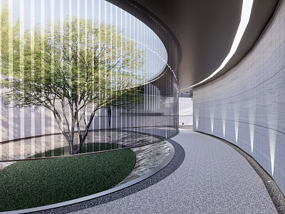 Modern Garden Landscape With Circular Corridor Trees Lawn Natural Light And Pebble Path 3d model