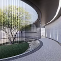 Modern Garden Landscape With Circular Corridor Trees Lawn Natural Light And Pebble Path