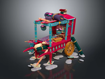 Traditional Colorful Street Food Cart With Hanging Pots And Decorative Elements 3d model