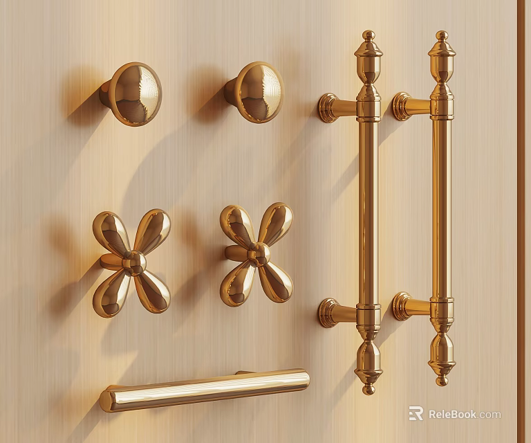 Golden Cabinet Knobs And Handles With Various Designs On Wooden Surface 3d model 