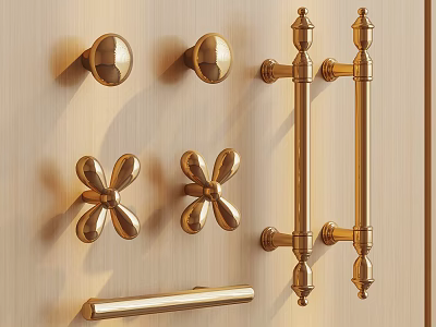 Golden Cabinet Knobs And Handles With Various Designs On Wooden Surface 3d model