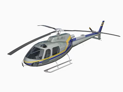 Gray Yellow And Blue Striped Helicopter With Rotors 3D Model Side View Design 3d model