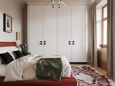 Modern Bedroom Interior With Red Headboard Bed White Wardrobe Gray Curtains And Red White Rug 3d model