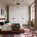Modern Bedroom Interior With Red Headboard Bed White Wardrobe Gray Curtains And Red White Rug