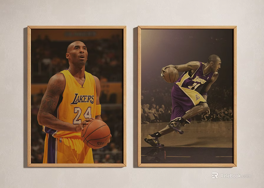 Framed Lakers Basketball Posters Featuring Number 24 Player In Yellow And Purple Jerseys 3d model 