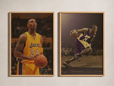 Framed Lakers Basketball Posters Featuring Number 24 Player In Yellow And Purple Jerseys 3d model