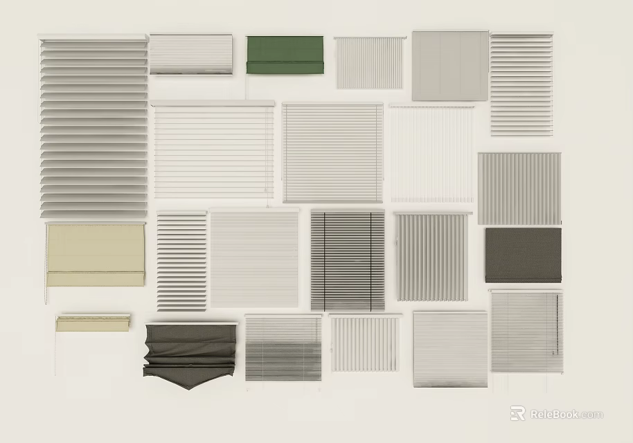 Various Colors And Different Styles Of Window Blinds Arranged And Displayed 3d model 