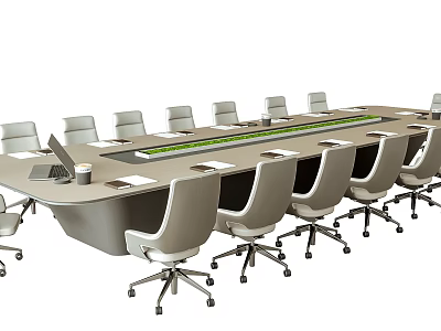Modern Office Conference Table With Swivel Chairs Laptop And Cup On Sleek Tabletop 3d model