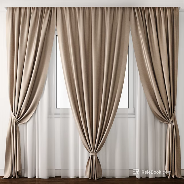 Elegant Beige Velvet Window Curtains With Pleated Design And Tied Sides 3d model 