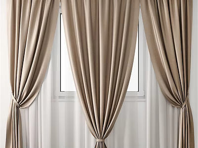 Elegant Beige Velvet Window Curtains With Pleated Design And Tied Sides 3d model