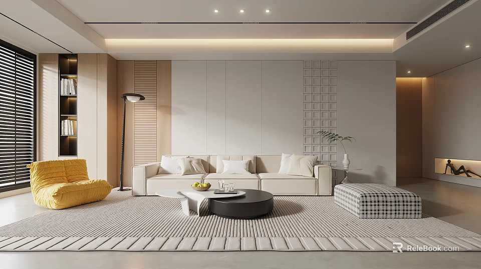 Modern Living Room Interior With Beige Sofa Yellow Armchair 3d model 