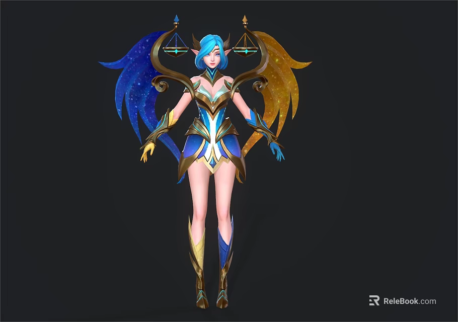 Woman With Blue Hair Blue Gold Wings And Ornate Mythical Fantasy Outfit With Scale Decoration 3d model 