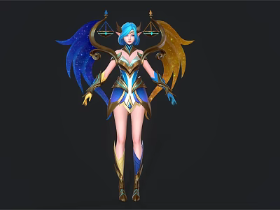 Woman With Blue Hair Blue Gold Wings And Ornate Mythical Fantasy Outfit With Scale Decoration 3d model