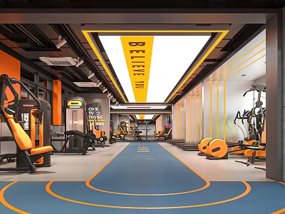 Modern Gym Interior With Spacious Workout Area Blue Running Track And Fitness Equipment 3d model