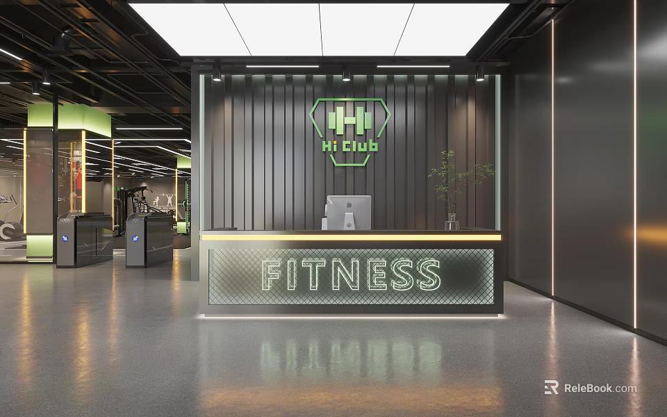 Modern Gym Reception Area With Fitness Sign And HI Club Logo 3d model 