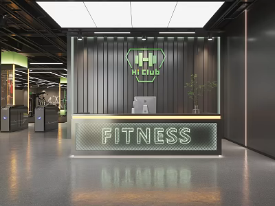 Modern Gym Reception Area With Fitness Sign And HI Club Logo 3d model