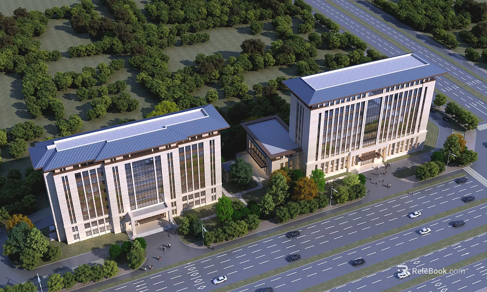 Two Modern Office Buildings With Large Windows And Flat Roof Surrounded By Greenery And Road 3d model 