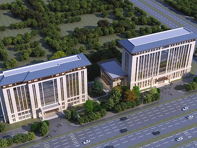 Two Modern Office Buildings With Large Windows And Flat Roof Surrounded By Greenery And Road 3d model