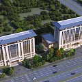 Two Modern Office Buildings With Large Windows And Flat Roof Surrounded By Greenery And Road