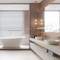 Elegant Modern Bathroom Interior With Freestanding Bathtub Double Vanity Large Mirror Blinds Design