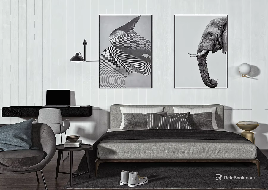 Minimalist Bedroom Interior With Grey Double Bed Black White Wall Artworks Chair And Bedside Table 3d model 