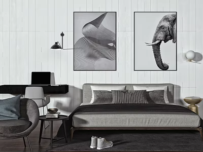 Minimalist Bedroom Interior With Grey Double Bed Black White Wall Artworks Chair And Bedside Table 3d model