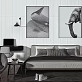 Minimalist Bedroom Interior With Grey Double Bed Black White Wall Artworks Chair And Bedside Table