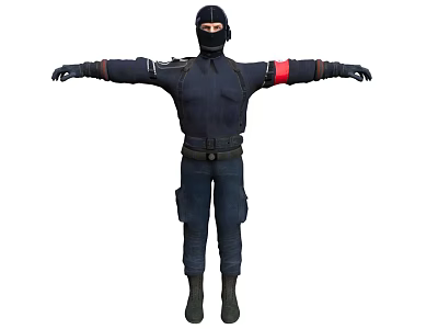 Man Wearing Black Tactical Suit With Red Armband Masked Face And Arms Outstretched 3d model