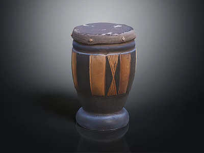 Traditional Handcrafted Wooden Stripe Decorated Drum Musical Instrument With Leather Head And Stable Base 3d model