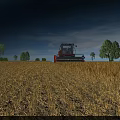 Beautiful Rural Harvest Scenery With Combine Harvester In Golden Wheat Field Under Clear Blue Sky