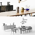 Modern Rectangular Dining Table Set With Black Chairs Gold Legs And Sideboard Decorative Vases 3d model