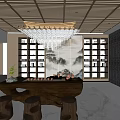 Elegant Tea House Interior With Wooden Ceiling Hanging Lights Display Shelves And Marble Countertop