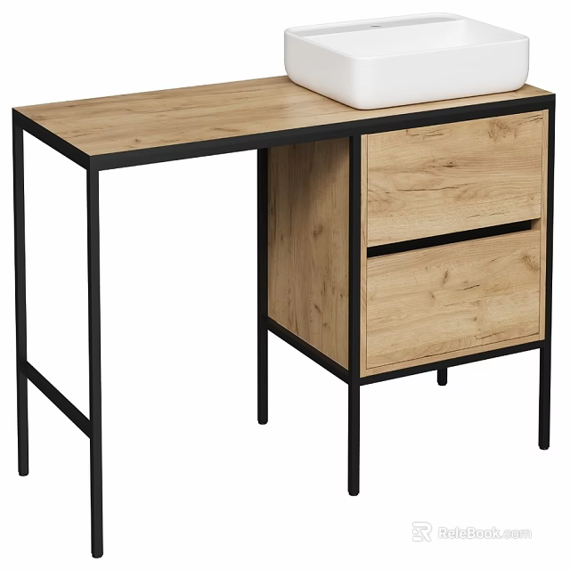 Wooden Washstand With Black Metal Frame Two Drawers And White Basin 3d model 