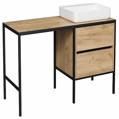 Wooden Washstand With Black Metal Frame Two Drawers And White Basin 3d model