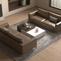 Two Brown Leather Two Seater Sofas In Living Room With Coffee Table And Fireplace 3d model
