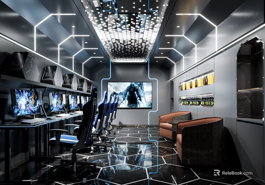 Futuristic Esports Lounge Interior With Gaming PCs Neon Lights And Tech Decor 3d model 