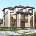 Two Story Detached Villa Exterior With Modern Design Large Windows And Landscaped Front Yard