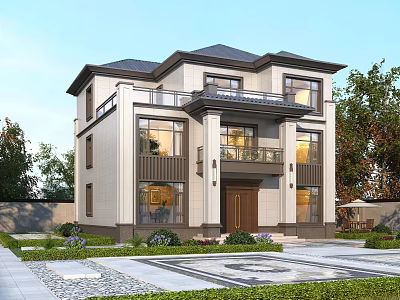 Two Story Detached Villa Exterior With Modern Design Large Windows And Landscaped Front Yard 3d model