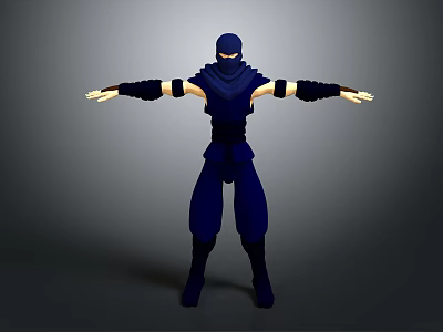 3D Rendered Blue Ninja Character With Masked Face And Outstretched Arms On Gray Background 3d model